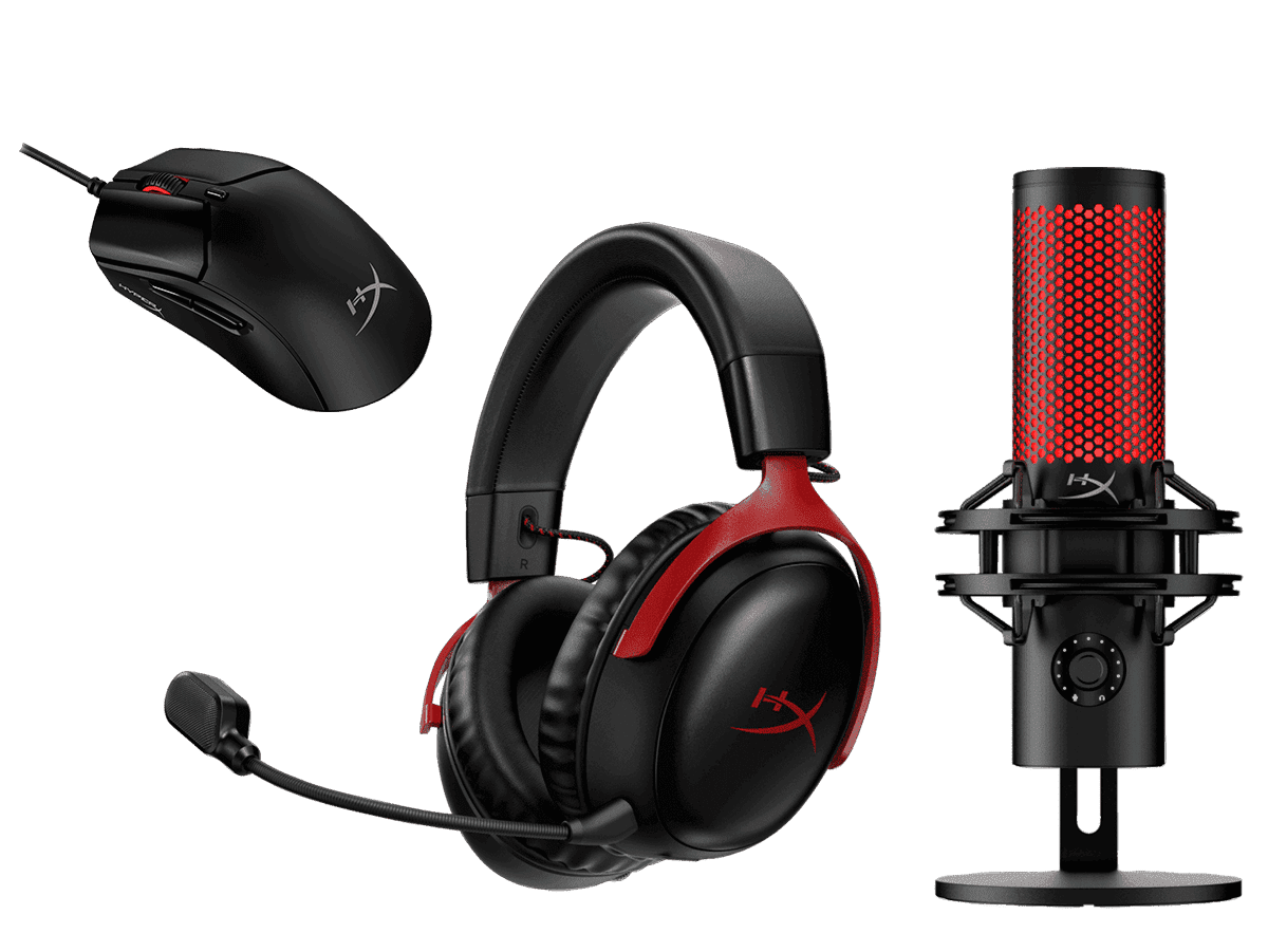 Audífonos HyperX Cloud III Inalámbrico (Negro- Rojo) + Micrófono HyperX QuadCast 2 - USB (negro) + Mouse gaming HyperX Pulsefire Haste 2 (Negro)