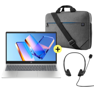 Notebook HP 15-fd0331la + Maletín HP Prelude de 15,6″ con carga superior, Gris + Auriculares estreo HP G2 de 3,5 mm - 15.6" - Plateado natural, Cubierta y marco de teclado con acabado mate y base con relieve (D0CJ4LA-1E7D7AA-428H6AA)