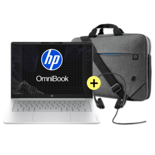 Notebook HP OmniBook 3 14-hu0050la + Maletín HP Prelude de 15,6″ con carga superior +  Auriculares estreo HP G2 de 3,5 mm - 14" - Cubierta y marco del teclado color glacier silver con base de lona gris (D4EU0LA-MHAU-1)