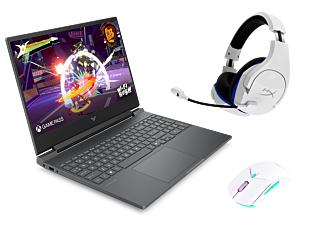 Notebook HP Gaming Victus 15-fa2009la + Auriculares inalámbricos HyperX Cloud Stinger Core para juegos PS5-PS4 + Mouse gaming HyperX Pulsefire Haste 2 Core inalámbrico - 15.6" - Plata mica, logotipo cromado negro (BA1U1LA-4P5J1AA-8R2E7AA)
