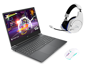 Notebook HP Gaming Victus 15-fa2014la + Auriculares inalámbricos HyperX Cloud Stinger Core para juegos PS5-PS4 + Mouse gaming HyperX Pulsefire Haste 2 Core inalámbrico - 15.6" - Plata mica, logotipo cromado negro (BA1U5LA-4P5J1AA-8R2E7AA)