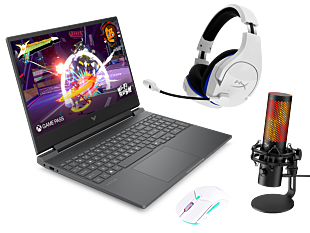 Notebook HP Gaming Victus 15-fa2018la + Auriculares inalámbricos HyperX Cloud Stinger Core para juegos PS5-PS4 + Micrófono USB HyperX QuadCast 2 S + Mouse gaming HyperX Pulsefire Haste 2 Core inalámbrico - 15.6" - Plata mica, logotipo cromado negro (BK9L9