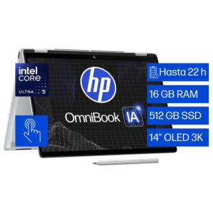 Notebook HP OmniBook X Flip AI 14-fm0051la, Windows 11 Home, Intel Core Ultra 5, 16 GB RAM, 512 GB SSD, 14"  - 14" - Aluminio de color plata glaciar (BM2M1LA)