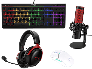 Teclado para juegos HyperX Alloy Core RGB + Audífonos HyperX Cloud III Inalámbrico (Negro- Rojo) + Micrófono HyperX QuadCast 2 - USB (negro) + Mouse gaming HyperX Pulsefire Haste 2 Core inalámbrico (4P4F5AI-77Z46AA-872V1AA-8R2E7AA)