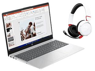 Notebook HP 15-fd0331la + HyperX Cloud Mini - Wireless Gaming Headset (Blanco) - 15.6" - Plateado natural, Cubierta y marco de teclado con acabado mate y base con relieve (D0CJ4LA-7G8F2AA)