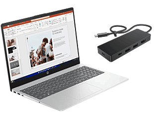 Notebook HP 15-fd0331la + Hub HP USB-C G3 para viaje - 15.6" - Plateado natural, Cubierta y marco de teclado con acabado mate y base con relieve (D0CJ4LA-86T46AA)