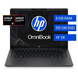 Notebook HP OmniBook 3 14-hy0030la, AMD Ryzen 3, 8 GB RAM, 512 GB SSD, 14" 2K, Windows 11 Home - 14" - Cubierta y marco del teclado color mica silver, y base en color iron gray (D6ZG1LA)