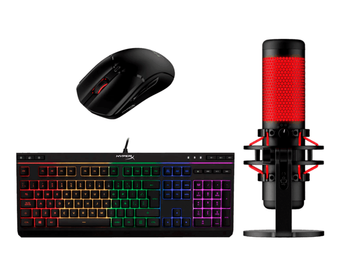 Micrófonos HyperX QuadCast USB + Teclado para juegos HyperX Alloy Core RGB + Mouse gaming inalámbrico HyperX Pulsefire Haste 2 (4P5P6AA-1)